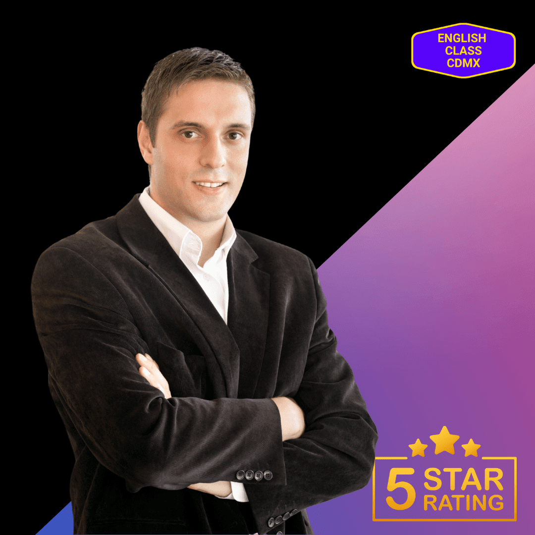 Confident man in a business suit with arms crossed, representing the personalized attention and high-quality instruction available through private English classes at English Class CDMX, rated 5 stars for excellence.