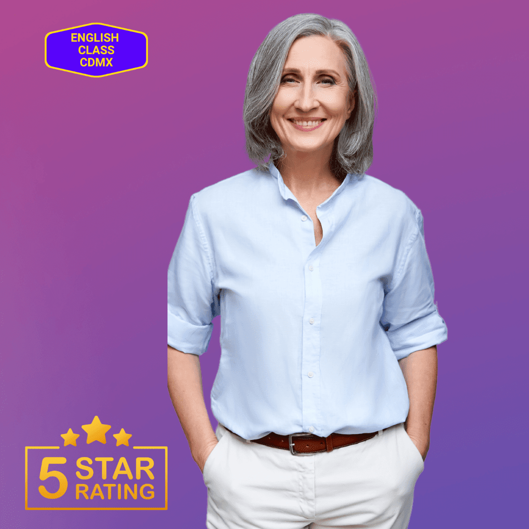 A professional woman exudes confidence and readiness, representing the trusted and 5-star-rated English Class CDMX, committed to delivering outstanding language learning experiences.