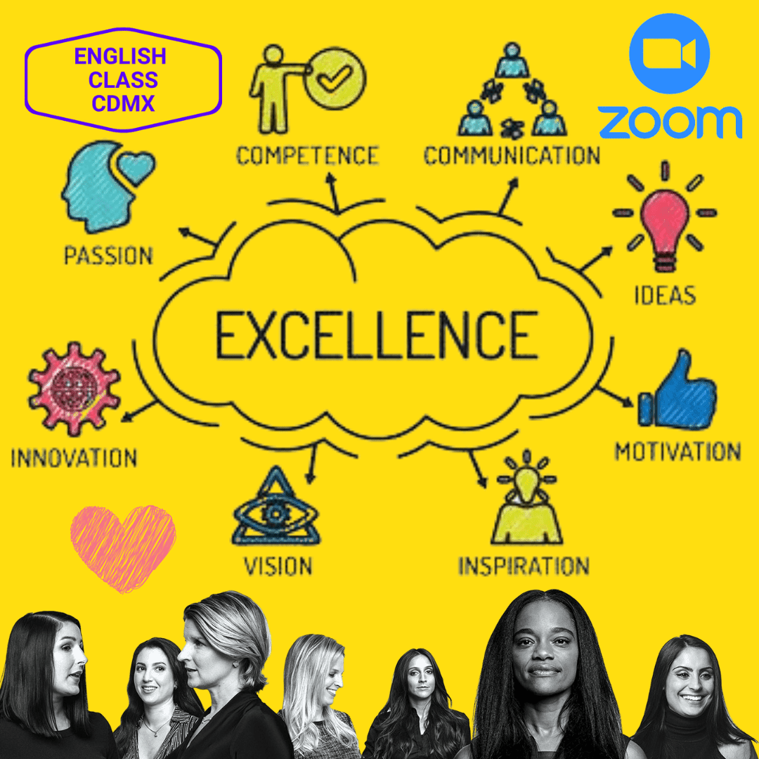 Graphic showcasing core values of English Class CDMX, including competence, communication, passion, innovation, and excellence, with Zoom logo indicating online learning resources, set against a yellow background with diverse professional women at the bottom.