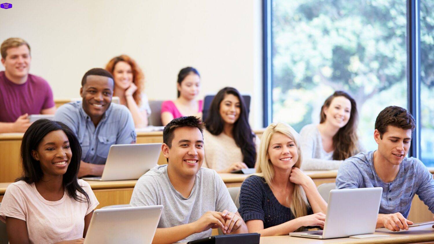 Group of diverse students smiling and engaging in English classes in Mexico