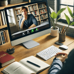 Computer screen showing a virtual meeting consultation, with a professional workspace setup, symbolizing an easy way to schedule a free consultation for English classes.