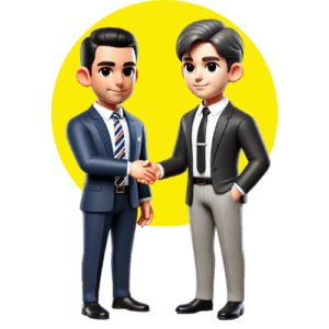 3D-style icon of two professional characters shaking hands, symbolizing the career options and job security available to bilingual individuals.