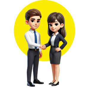 Professional-looking 3D illustration of a confident businesswoman and businessman shaking hands, representing the confidence and satisfaction gained from bilingual abilities in English