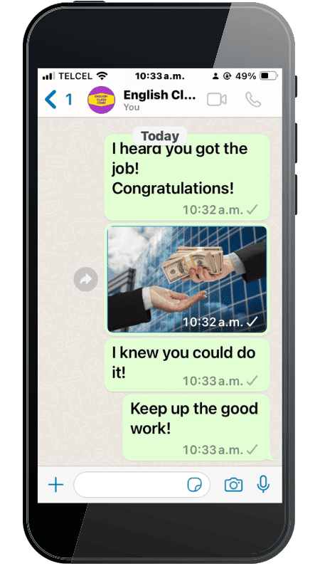 WhatsApp message screenshot showing enthusiastic congratulations for landing a job, symbolizing success stories and career advancements achieved through English Class CDMX programs.