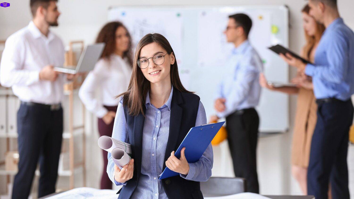 Smiling young professional holding documents, surrounded by a team, representing the collaborative and immersive learning experience in weekend English courses at English Class CDMX, designed to boost language skills quickly.