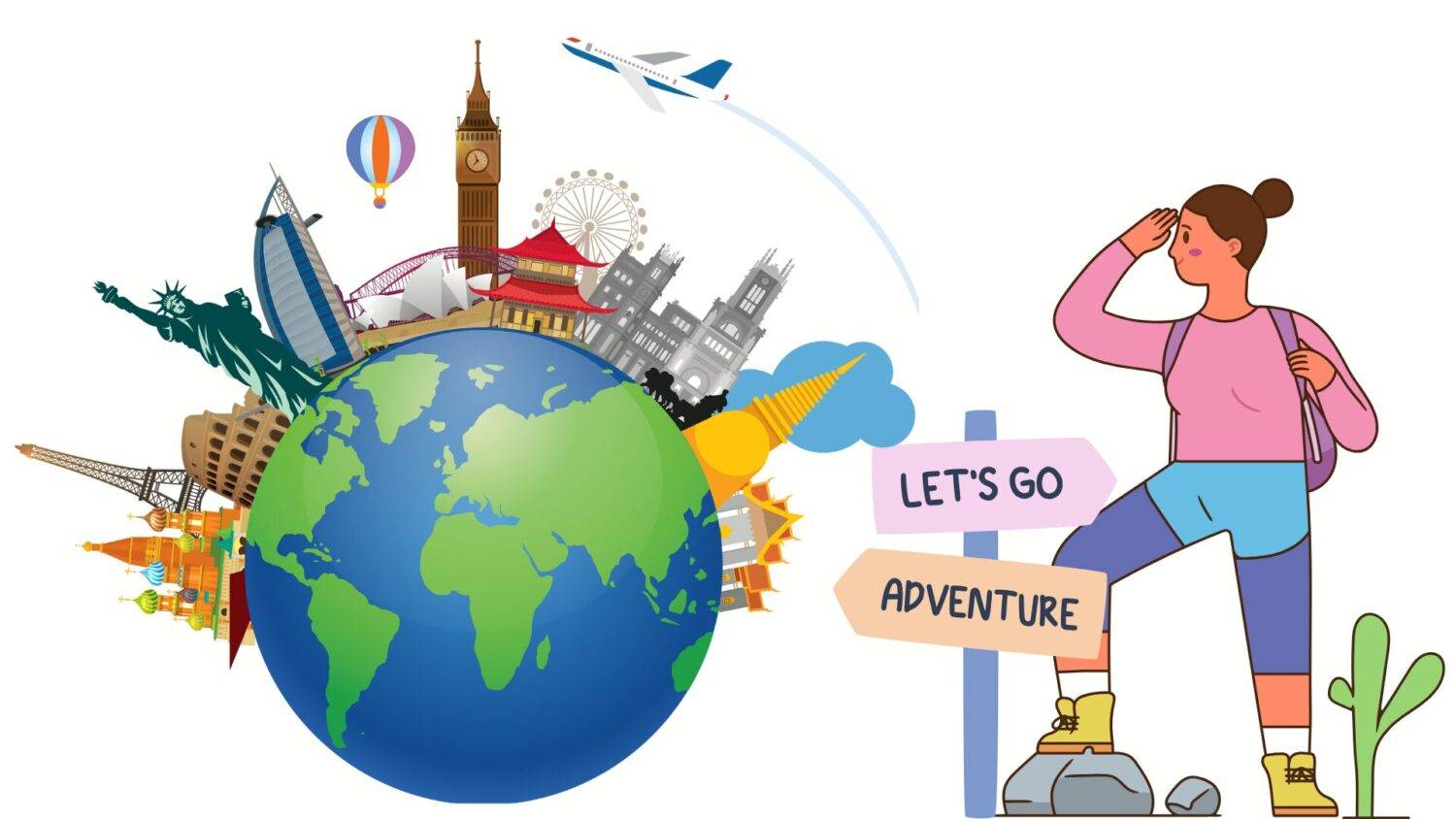 Illustration of a globe surrounded by iconic landmarks with a woman ready to embark on a learning adventure, symbolizing the global possibilities offered through English fluency.