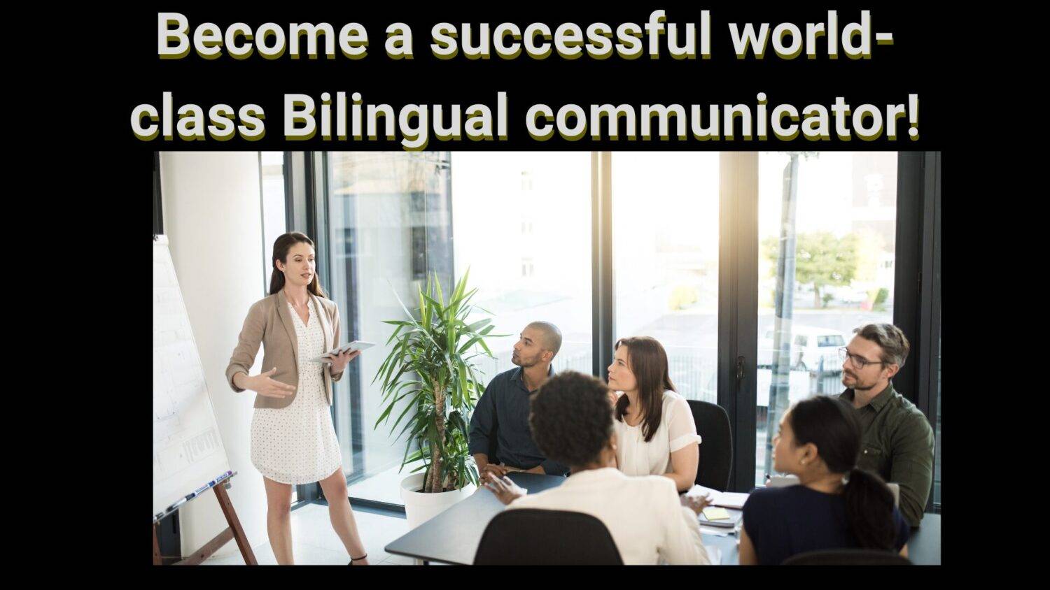 Woman presenting to a group of professionals, representing English speaking course focus on developing bilingual communication and presentation skills for success in various professional settings.