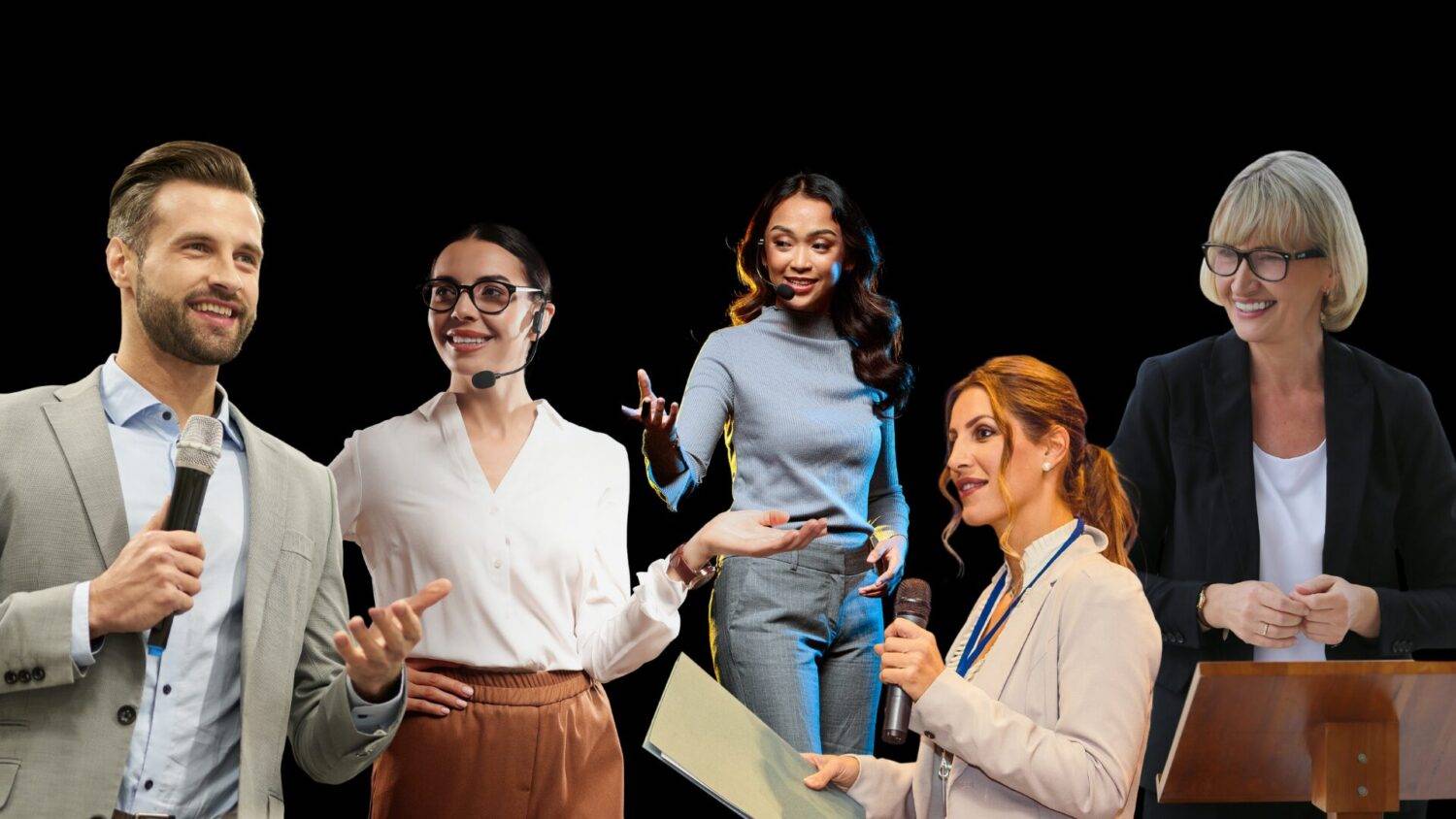 Group of confident speakers presenting on stage as part of an English speaking course, showcasing advanced communication skills.