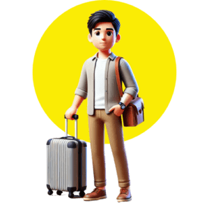 3D-style icon of a character with a suitcase and travel bag, symbolizing the theme of travel and the journey of learning English.