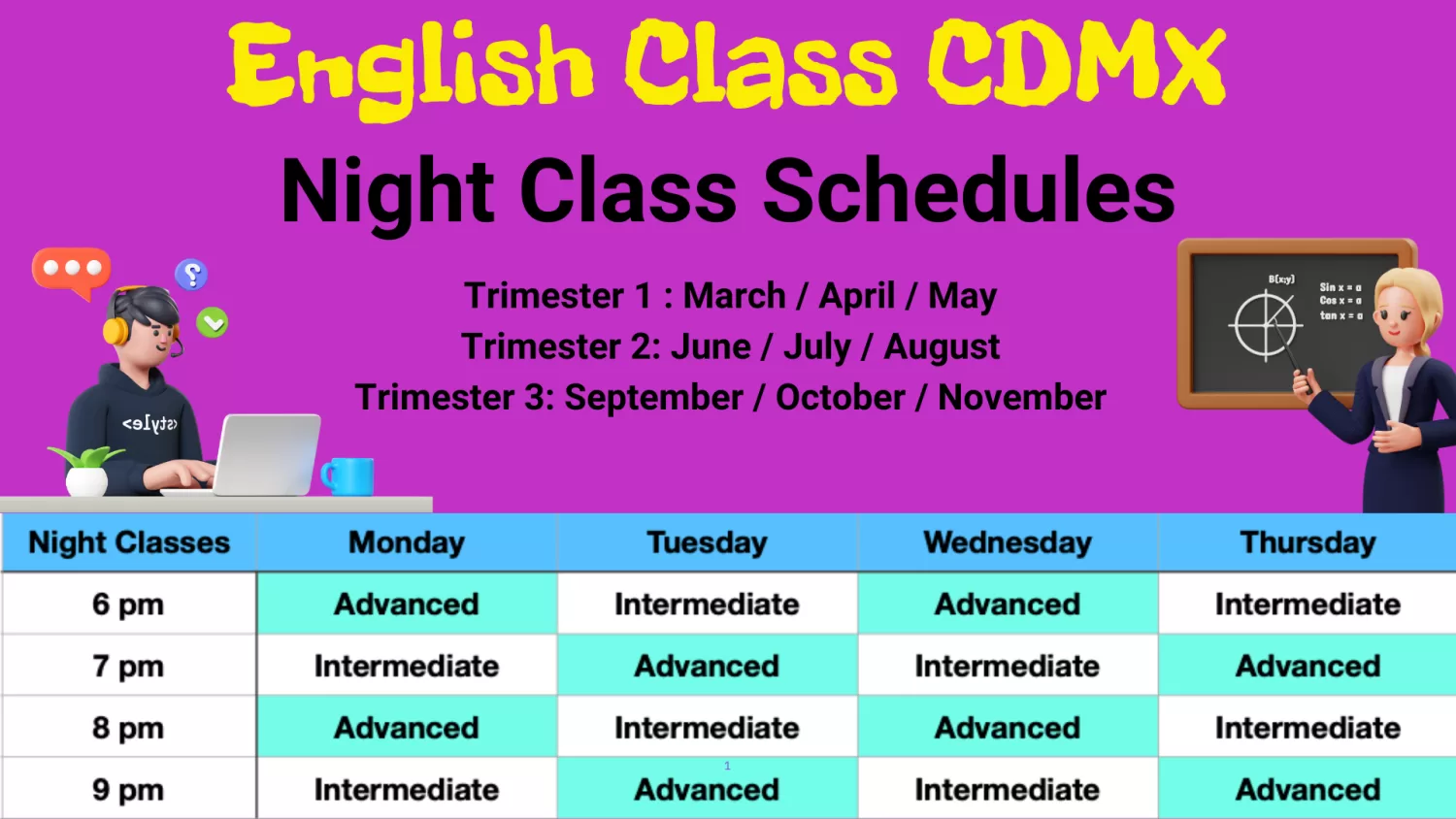 Detailed class schedules for night classes at English Class CDMX, showing intermediate and advanced English sessions from Monday to Thursday with options at 6 pm, 7 pm, 8 pm, and 9pm for flexibility.