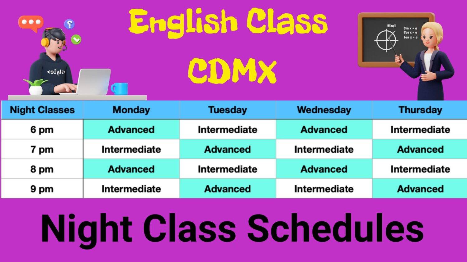 Detailed class schedules for night classes at English Class CDMX, showing intermediate and advanced English sessions from Monday to Thursday with options at 6 pm, 7 pm, 8 pm, and 9pm for flexibility.