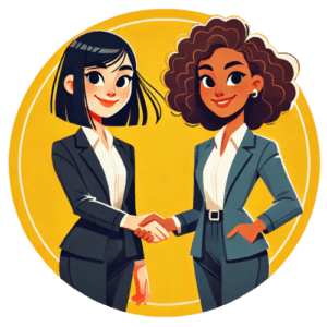 Cartoon-style illustration of two professional women shaking hands, symbolizing collaboration and mentorship within a yellow circular background.