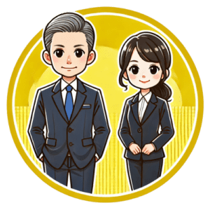 Illustration of an older male mentor and a middle-aged female mentee, both dressed in business attire, standing confidently inside a yellow circle representing mentorship and professional growth.