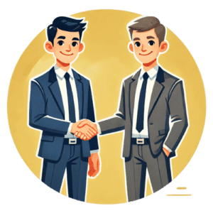 A cartoon-style illustration of two professional men shaking hands, symbolizing a mentorship partnership, with a solid yellow circle background.