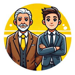 Cartoon-style illustration of an older mentor and a younger mentee, both dressed professionally, standing against a yellow background circle, representing the benefits of mentorship.