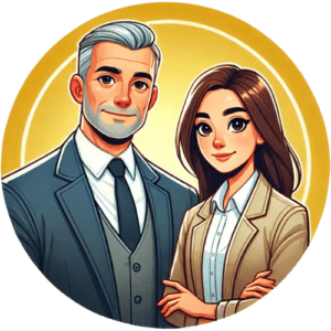 Cartoon-style illustration of a professional older man mentoring a younger woman, both standing confidently within a yellow circular background, symbolizing mentorship and professional growth