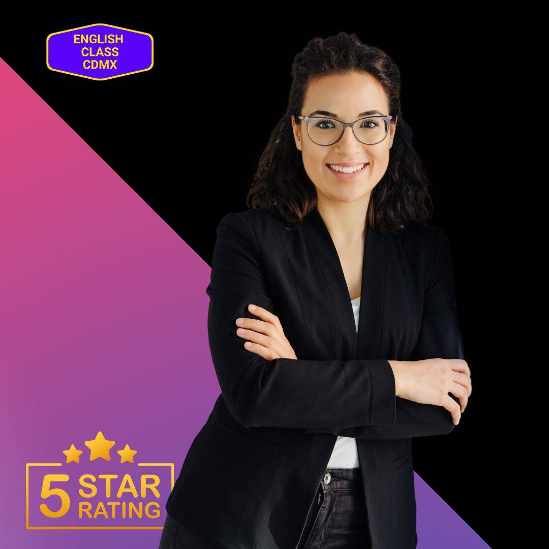 Confident woman in professional attire with arms crossed, representing the supportive and tailored English coaching and mentorship services at English Class CDMX, rated 5 stars for excellence in empowering professionals.