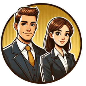 Illustration of a clean-shaven older man and a younger woman in professional business attire, standing confidently with a yellow circular background, representing mentorship.