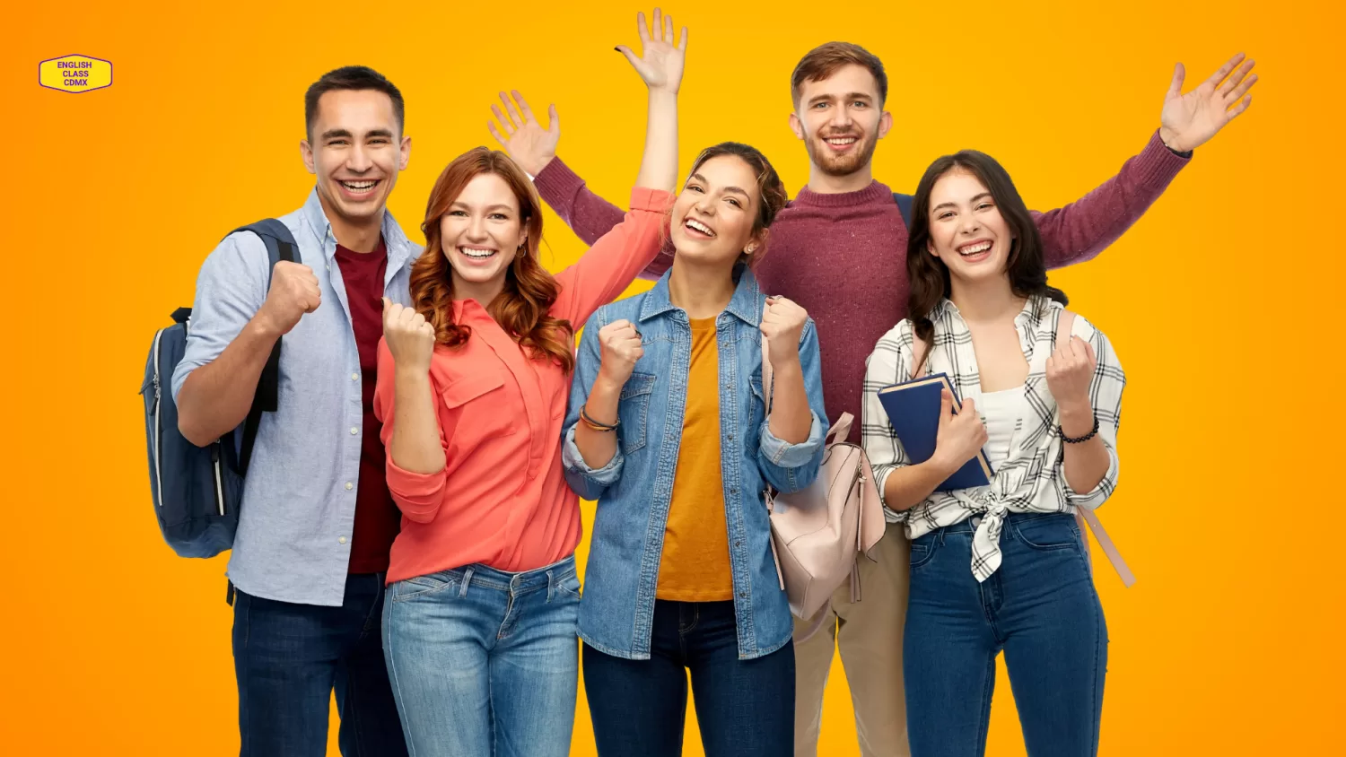 Group of happy and diverse students celebrating their success in learning English with English Class CDMX, set against a bright yellow background, symbolizing enthusiasm and growth.