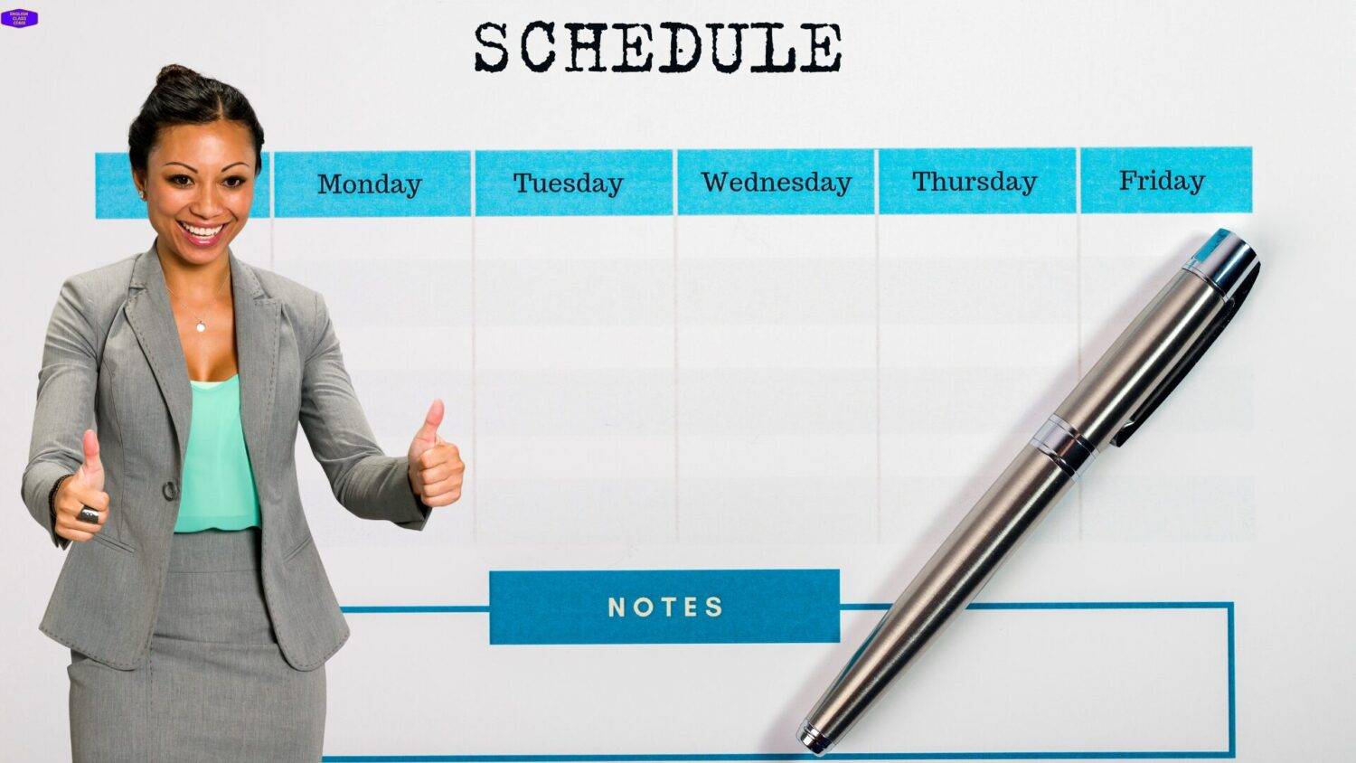 Smiling woman in business attire giving thumbs up next to a weekly schedule template with a pen, representing English Class CDMX Schedules.