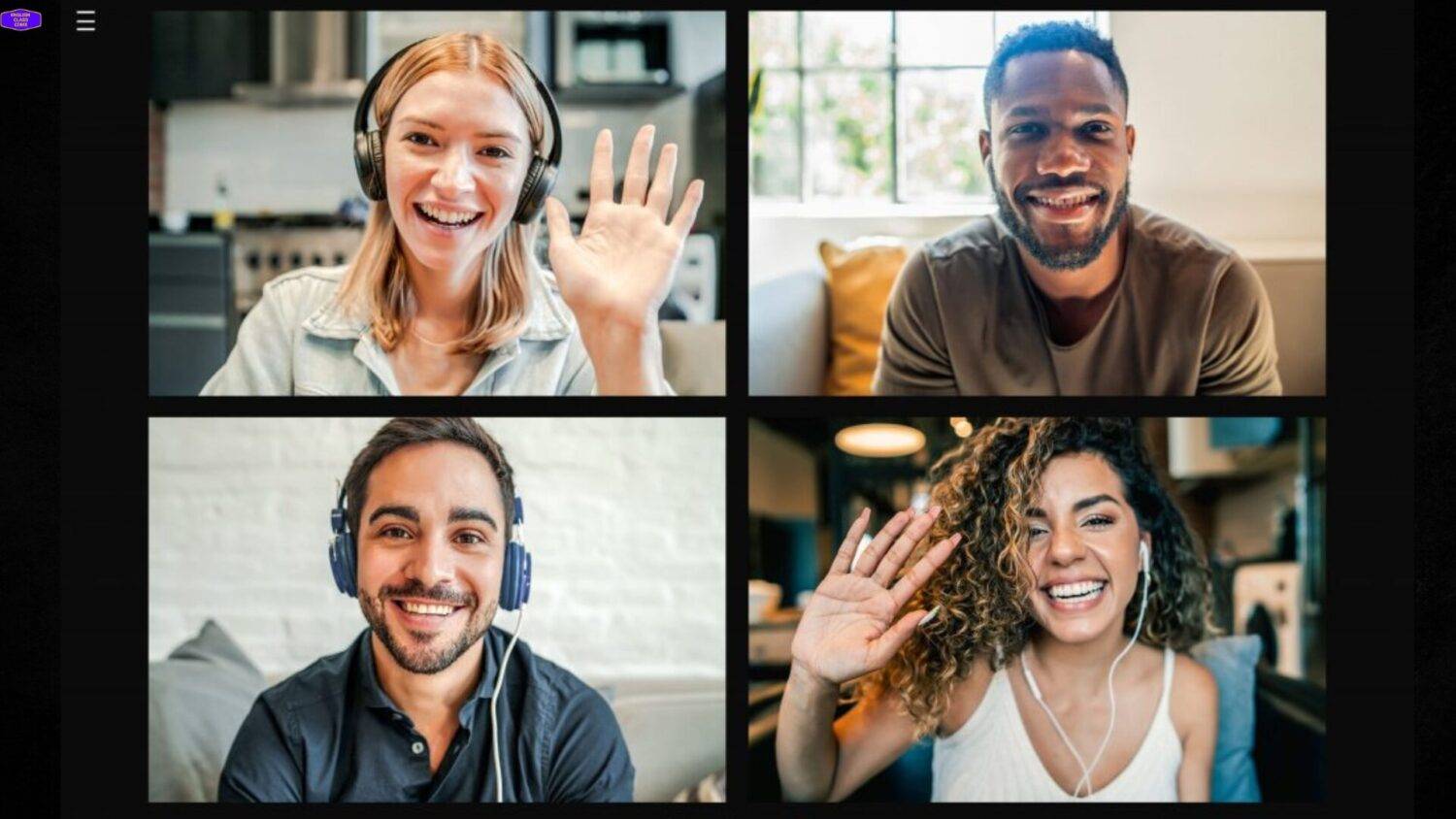 Four diverse students engaging in an online English Essentials Boot Camp session with smiles and headphones, symbolizing a positive and interactive learning environment