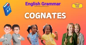 English Grammar Cognates banner featuring cheerful children from diverse backgrounds, showcasing the joy of language learning with vibrant colors and the English Class CDMX logo.